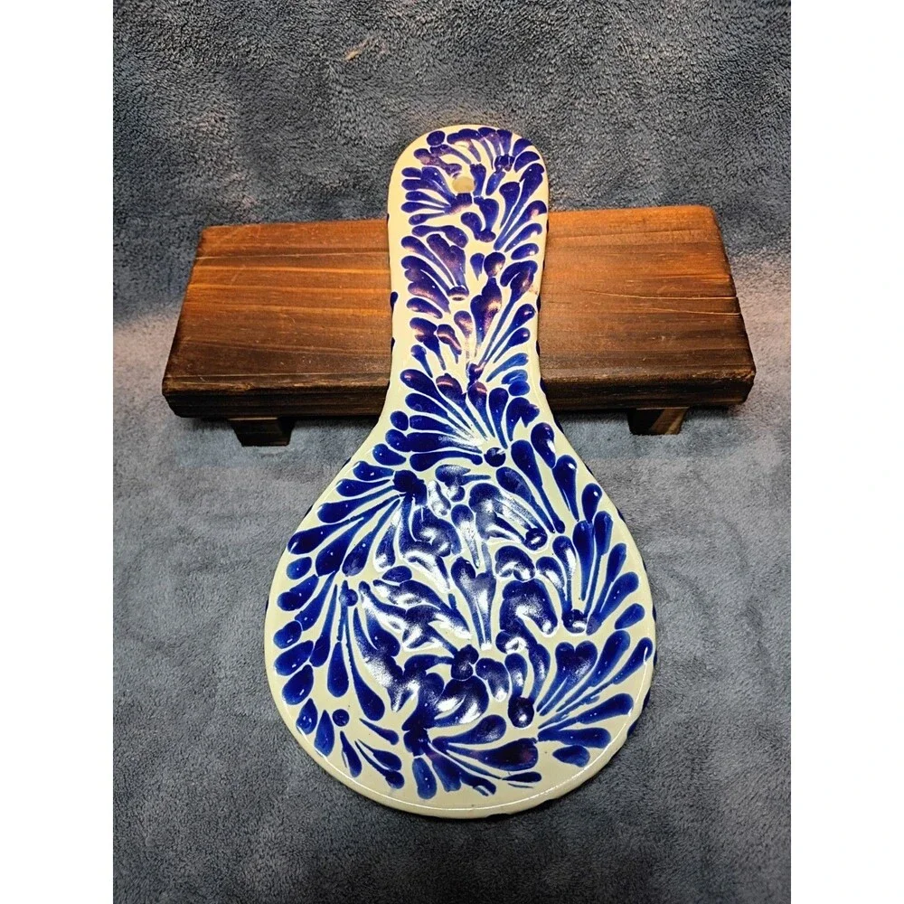 Talavera Mexico Hand Painted Spoon Rest Blue White Pottery 10.5